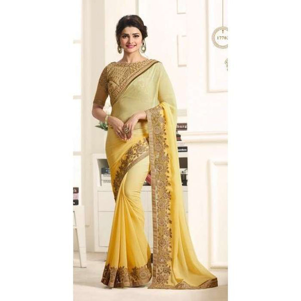 17703 CELERY YELLOW AND CREAM KASEESH PRACHI GEORGETTE SAREE WITH HEAVY EMBROIDERED BLOUSE - Asian Party Wear