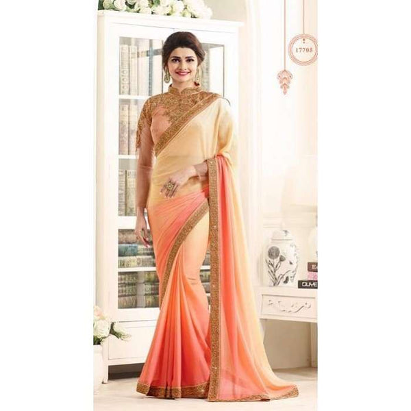 17705 CREAM AND EXUBERANCE ORANGE KASEESH PRACHI GEORGETTE SAREE WITH HEAVY EMBROIDERED BLOUSE - Asian Party Wear