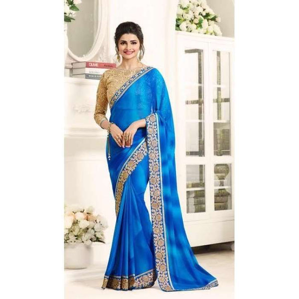 17707 BLUE KASEESH PRACHI GEORGETTE SAREE WITH HEAVY EMBROIDERED BLOUSE - Asian Party Wear