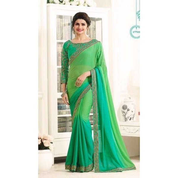 Z17709 GREEN KASEESH PRACHI GEORGETTE SAREE WITH HEAVY EMBROIDERED BLOUSE - Asian Party Wear