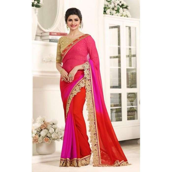 17710 PINK AND RED KASEESH PRACHI GEORGETTE SAREE WITH HEAVY EMBROIDERED BLOUSE - Asian Party Wear