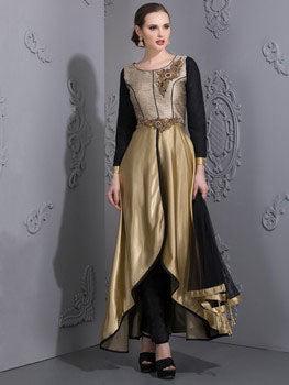 GOLD ASYMMETETRICAL DRESS WITH BLACK CONTRAST - Asian Party Wear