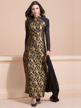 BLACK AND GOLD BROCADE DRESS (READYMADE SUIT) - Asian Party Wear