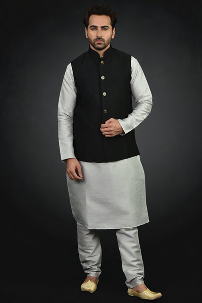 Black Waistcoat Pakistani Menswear Formal Kurta Pajama Suit - Asian Party Wear