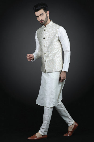 Ivory Kurta Pajama Waistcoat Set Pakistani Menswear - Asian Party Wear