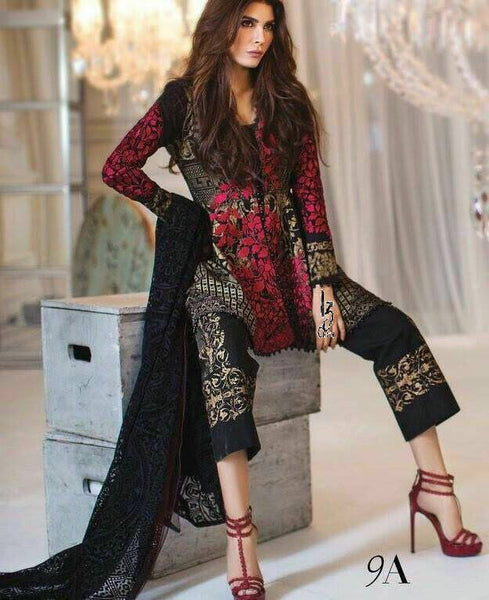 ZSNF9A BLACK SANA SAFINAZ EMBROIDERED LAWN READY MADE SUIT - Asian Party Wear