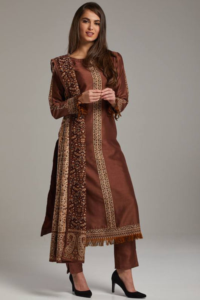Brown Woven Embellished Pakistani Designer Dress - Asian Party Wear