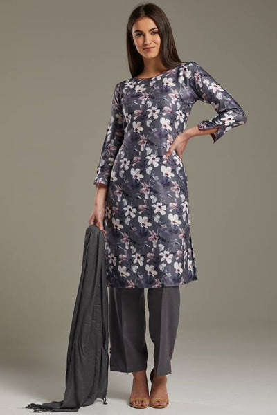 Grey Floral Printed Designer Salwar Kameez - Asian Party Wear