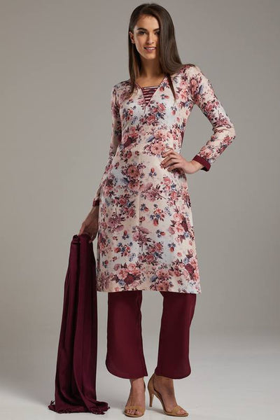 Maroon Floral Printed Pakistani Designer Readymade Suit - Asian Party Wear