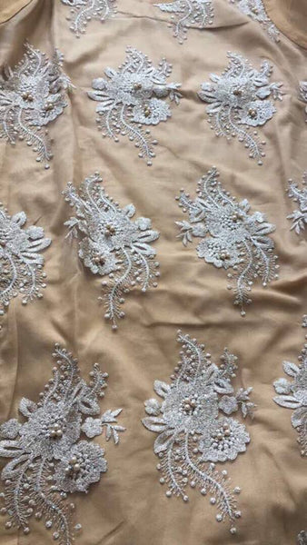 BEIGE SKIN CORAL PEARL PAKISTANI STYLE DESIGNER READY MADE SUIT - Asian Party Wear