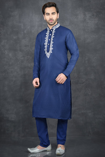 Classic Blue Embroidered Fancy Menswear Kurta Pajama Suit - Asian Party Wear