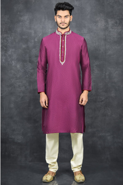 Purple Indian Men's Ethnic Kurta Pajama Suit - Asian Party Wear