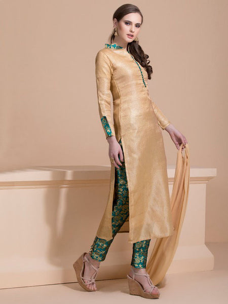 BEIGE BROCADE STYLE CHURIDAAR DRESS - Asian Party Wear