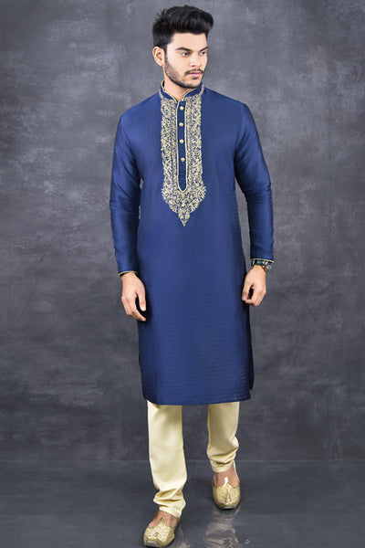 Blue Indian Men's Kurta Pajama Festive Party Suit - Asian Party Wear