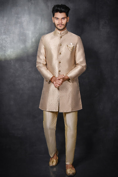 Gold Jacquard Prince Coat and Pant Pajama Indian Menswear Wedding Suit - Asian Party Wear