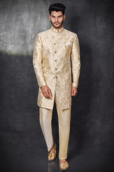 Fawn Jacquard Coat & Trouser Indian Men's Wedding Suit - Asian Party Wear