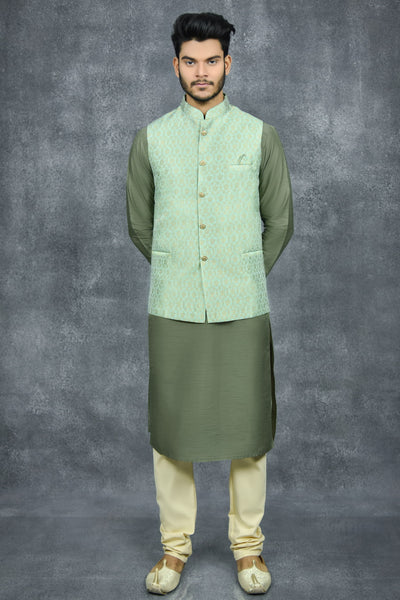 Green Pakistani Men's Festive Wedding Waistcoat - Asian Party Wear