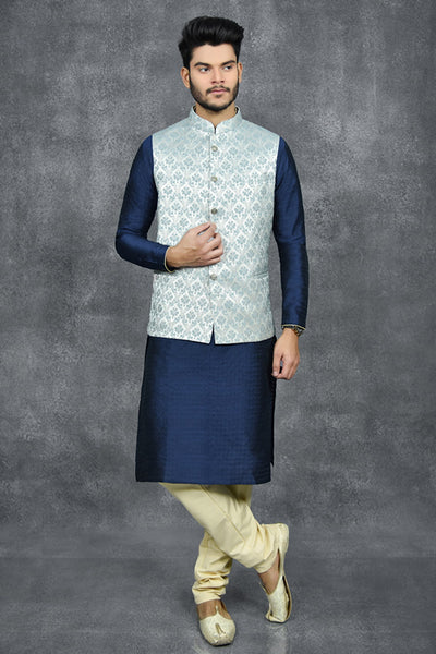 Light Blue Brocade Waistcoat Pakistani Mens Wedding Wear - Asian Party Wear