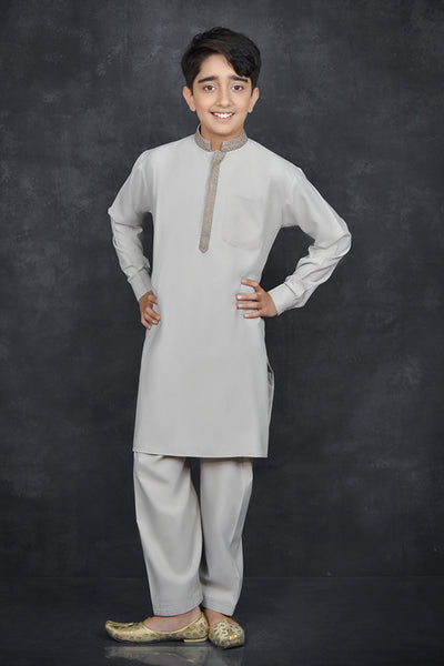 Grey Pakistani Young Boys Suit Readymade Kurta Shalwar - Asian Party Wear