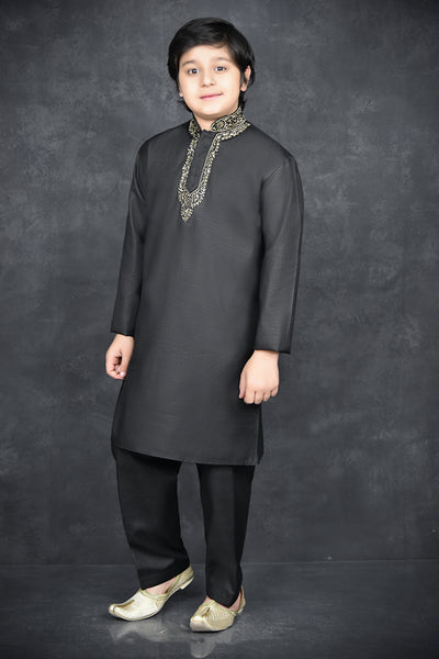 Black Embroidered Designer Kurta Suit Indian Boys Wear - Asian Party Wear