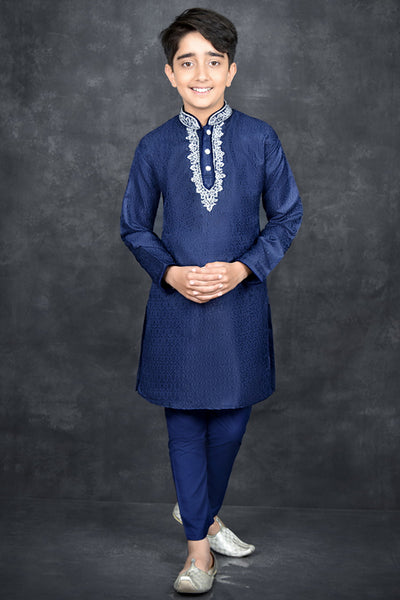 Classic Blue Embroidered Readymade Indian Kurta Pajama - Asian Party Wear