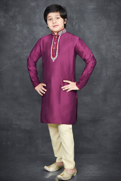 Plum & Beige Indian Kids Kurta Pajama Wedding Suit - Asian Party Wear