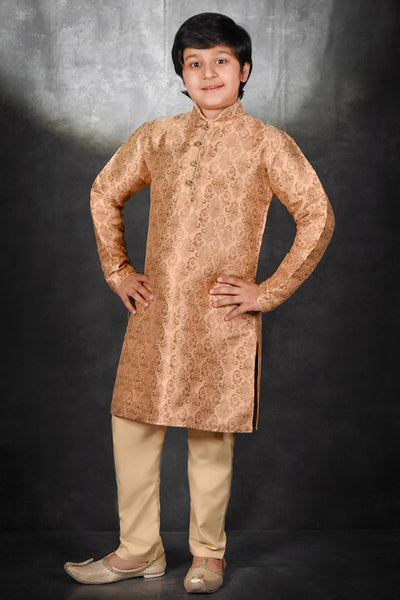 Peach Jacquard Kurta Pajama Pakistani Kids Wedding Outfit - Asian Party Wear