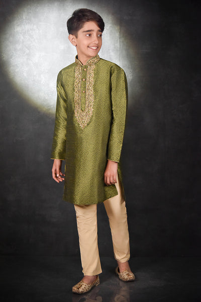 Mehndi Green & Cream Kurta Pajama Boys Wedding Suit - Asian Party Wear
