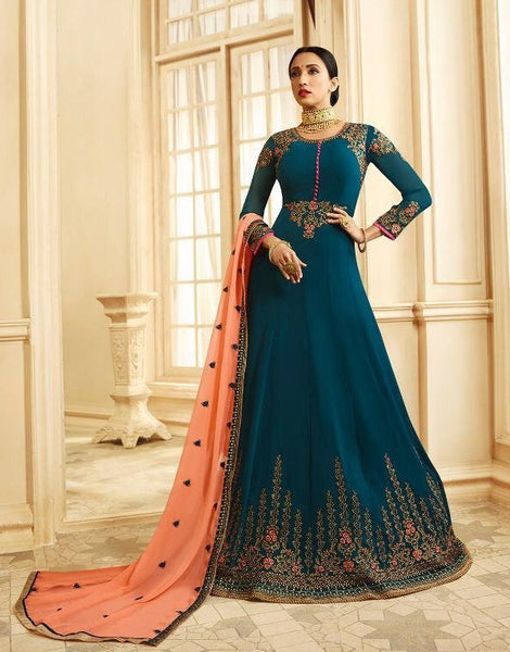 TEAL BLUE DYED GEORGETTE INDIAN WEDDING GOWN - Asian Party Wear