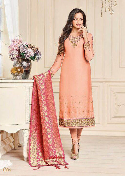 Peach Straight Indian Party Wear Churidar Suit - Asian Party Wear