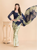 BISCAY GREEN CLASSIC BLUE  CASUAL FLORAL PRINTED SEMI STITCHED SAREE AND BLOUSE - Asian Party Wear