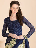 BISCAY GREEN CLASSIC BLUE  CASUAL FLORAL PRINTED SEMI STITCHED SAREE AND BLOUSE - Asian Party Wear