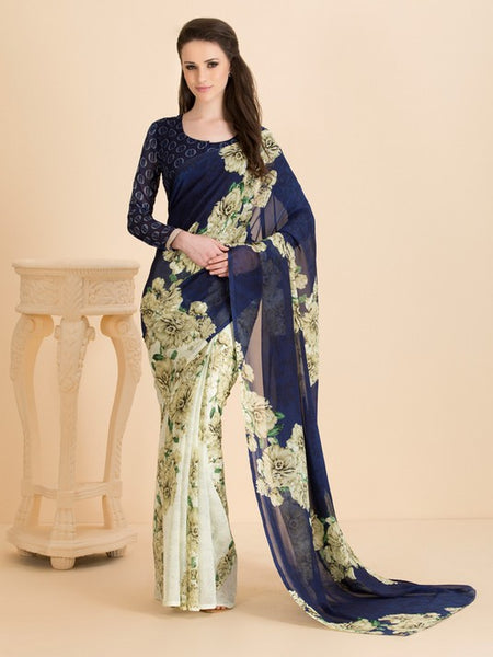 BISCAY GREEN CLASSIC BLUE  CASUAL FLORAL PRINTED SEMI STITCHED SAREE AND BLOUSE - Asian Party Wear