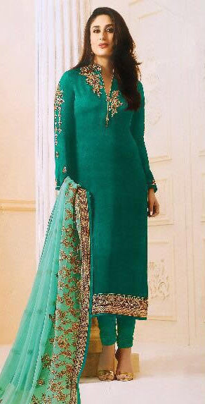 ULTRAMARINE GREEN SATIN GEORGETTE SUIT WITH HEAVY WORK DUPATTA - Asian Party Wear