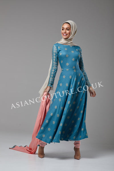 ZAC-800 TURQUOISE PINK WARM WINTER READYMADE OUTFIT - Asian Party Wear