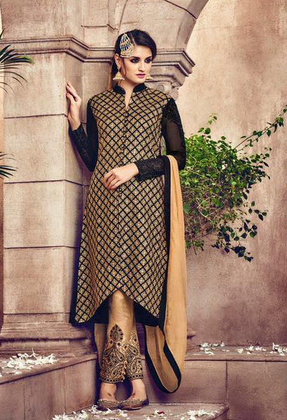 Omtex 81 Beige And Black Georgette Straight Cut Suit - Asian Party Wear