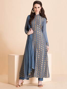 FADED DENIM BLUE/GREY AND GOLD READY MADE DRESS WITH CAPRI TROUSERS (XXS Size Only) - Asian Party Wear