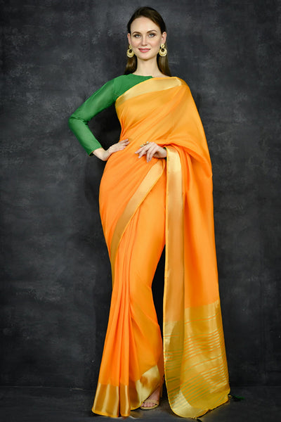Saffron Yellow Banarsi Style Indian Ethnic Saree - Asian Party Wear