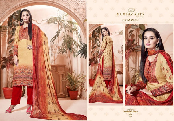 306 YELLOW AND RED CAMBRIC COTTON AND LAWN SALWAR SUIT - Asian Party Wear