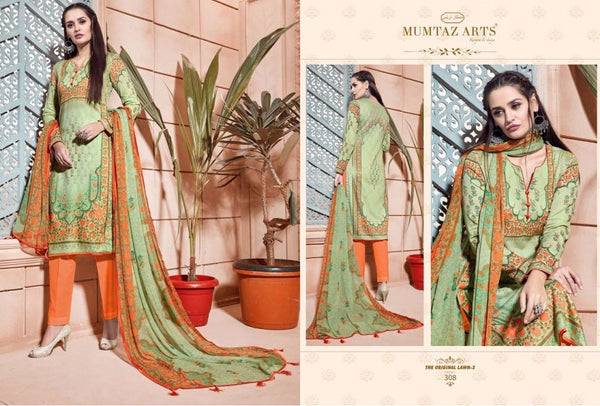 308 NILE GREEN AND ORANGE CAMBRIC COTTON AND LAWN SALWAR SUIT - Asian Party Wear