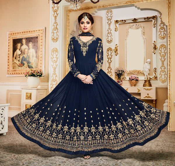 Navy Blue Indian Anarkali Suit Designer Gown - Asian Party Wear