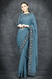 Mosaic Blue Georgette Readymade Floral Embroidered Saree - Asian Party Wear