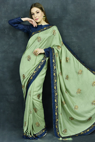 Pista Green & Navy Blue Designer Ethnic Saree - Asian Party Wear
