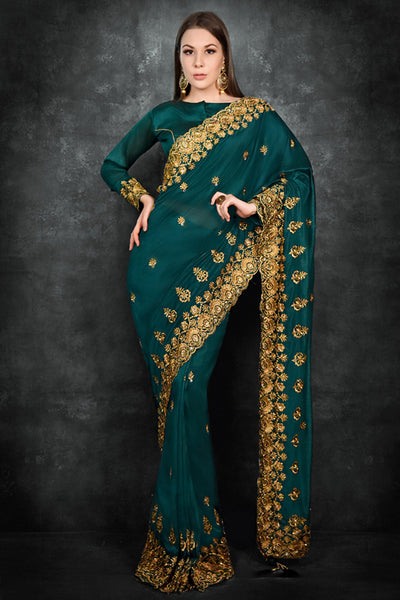 Ultramarine Green Fancy Embroidered Saree - Asian Party Wear