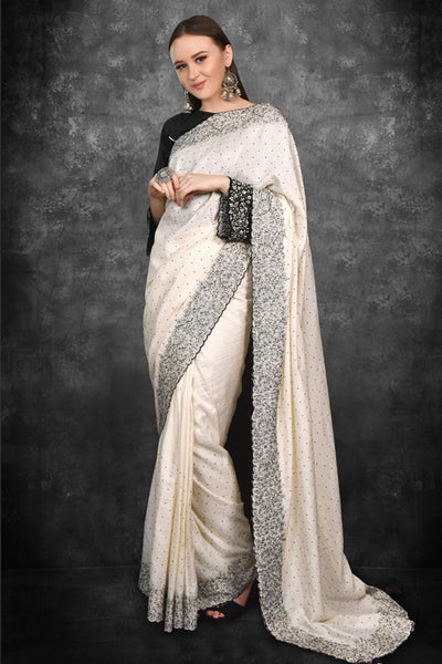 Off White & Black Bridal Party Wear Saree - Asian Party Wear