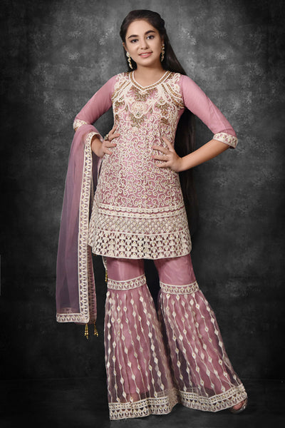 Rose Tan Pakistani Girls Frock Kurti & Gharara Suit Set - Asian Party Wear