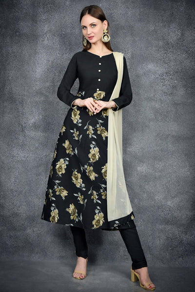 Black Floral Print Churidaar Suit - Asian Party Wear