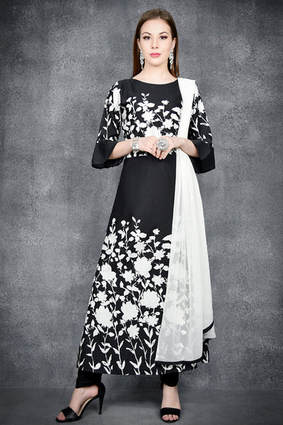 Black Floral Printed Designer Gown - Asian Party Wear
