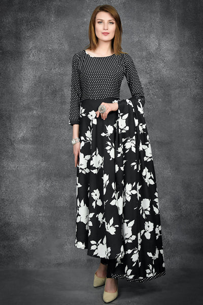 Black Floral Printed A Line Dress - Asian Party Wear