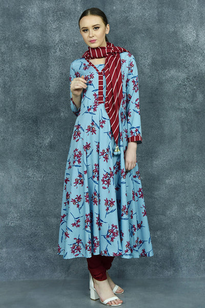 Faded Denim Floral Printed Churidar Suit - Asian Party Wear